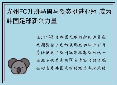 光州FC升班马黑马姿态挺进亚冠 成为韩国足球新兴力量